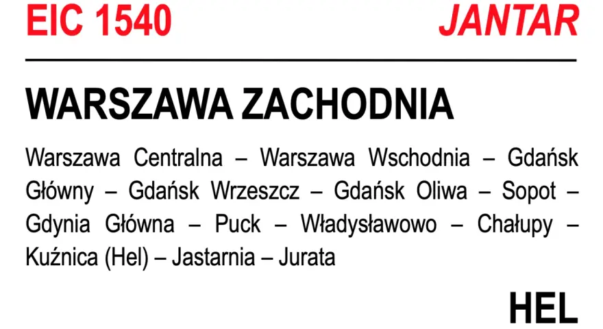 Oznaczenia pociągów PKP: EIC 1540 JANTAR, trasa Warszawa Zachodnia - Hel przez Gdańsk i Władysławowo.
