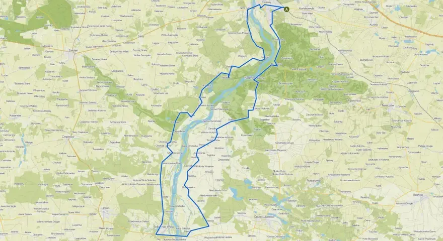 Mapa pokazuje drogę do Kazimierza Dolnego. Można tu zobaczyć, jak dojechać do Kazimierza Dolnego pociągiem, zaznaczono stacje i trasy.