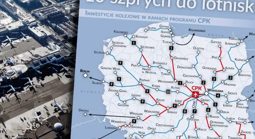 Mapa inwestycji kolejowych do CPK. Pokazuje 10 szprych, które połączą lotnisko z Polską i Europą.