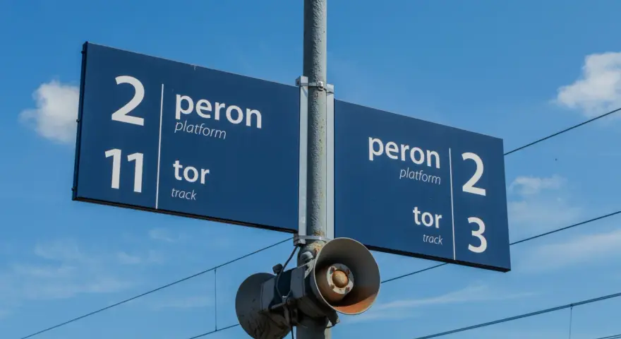 Niebieska tablica informacyjna na dworcu kolejowym wskazuje peron 2, tor 11 oraz peron 2, tor 3. W tle błękitne niebo z chmurami i linie trakcyjne.
