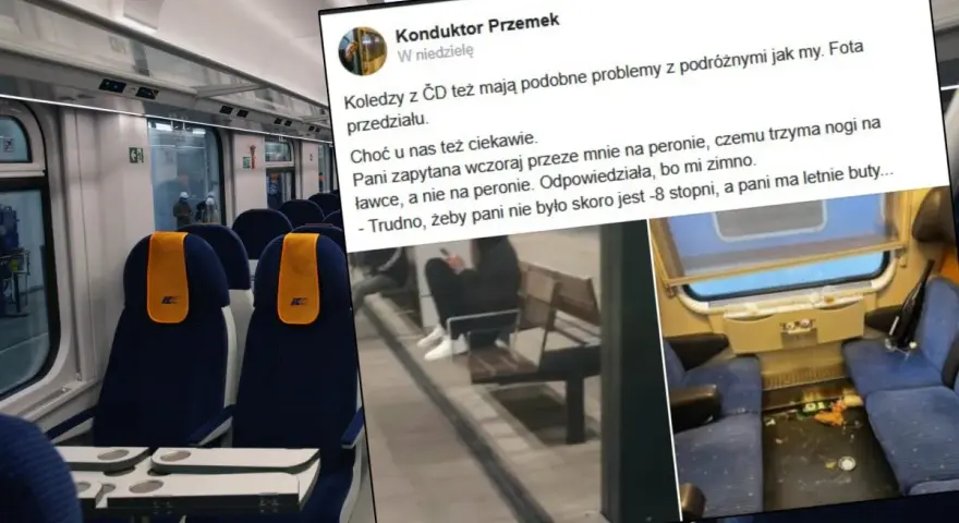 Wnętrze pociągu i zrzut ekranu z postu konduktora Przemka o nietypowej pasażerce w letnich butach przy -8 stopniach.