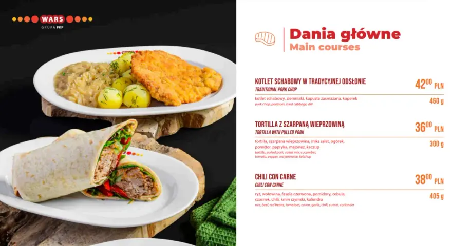 Wars: kotlet schabowy 42 zł, tortilla z szarpaną wieprzowiną 36 zł, chili con carne 38 zł.