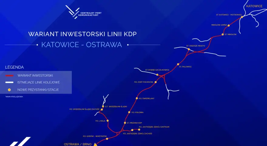 Mapa inwestorskiej linii kolej dużych prędkości z Katowic do Ostrawy, pokazująca nowe stacje i istniejące linie kolejowe.