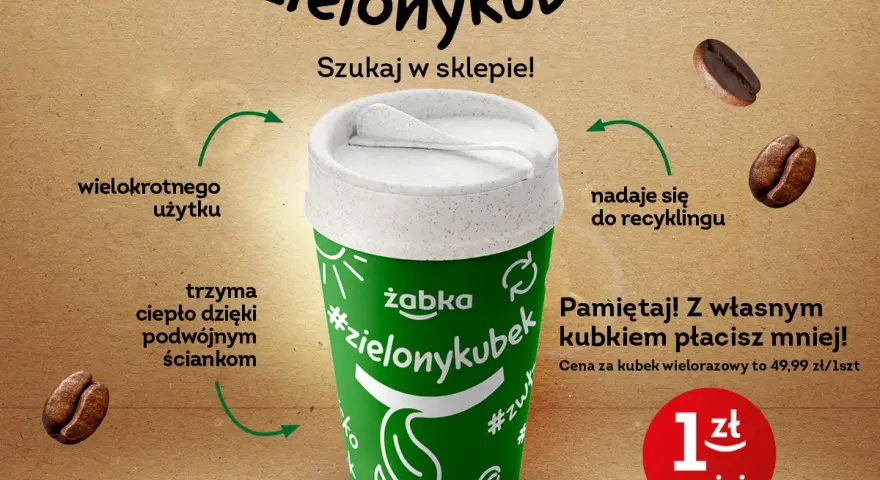 Z własnym kubkiem #zielonykubek płacisz mniej za kawę w Żabce. Kubek wielorazowy kosztuje 49,99 zł.