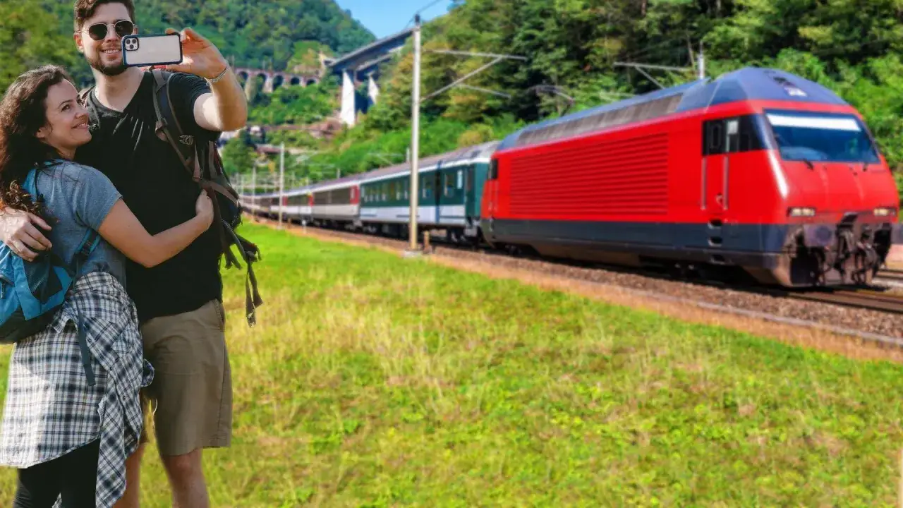 Para podróżnych robiących selfie na tle pociągu. Sprawdzają kętrzyn-olsztyn rozkład jazdy przed podróżą.