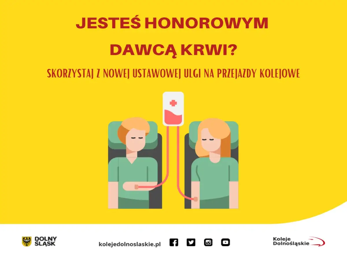 Honorowi dawcy krwi! Skorzystajcie z ustawowej ulgi na przejazdy kolejowe. Wasza krew ratuje życie, a my doceniamy Wasze zaangażowanie.