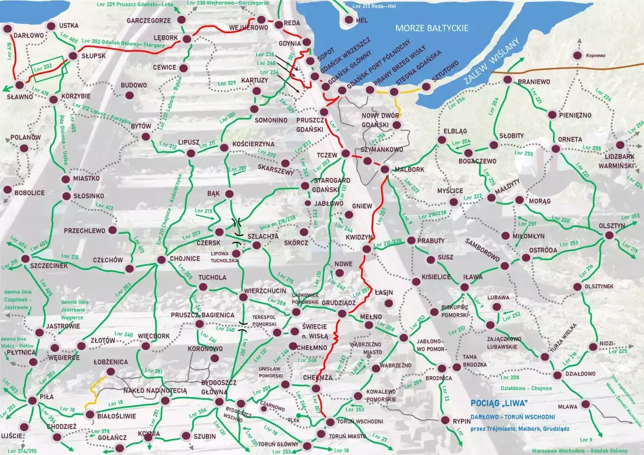 Mapa kolejowa Pomorza z zaznaczonymi trasami, w tym połączeniem z Gdańska do Stargardu Gdańskiego.