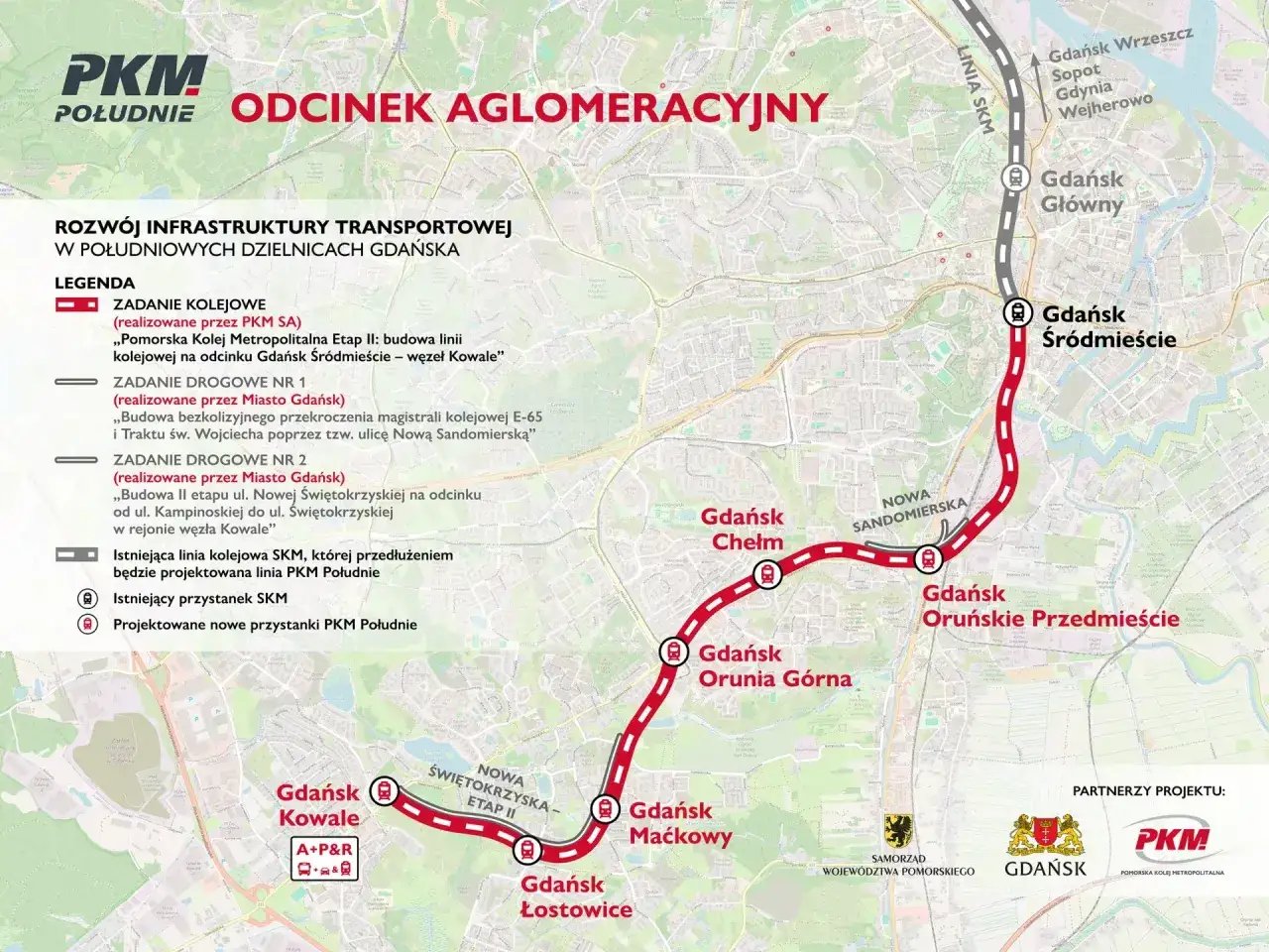 Mapa przedstawia planowaną najdłuższą trasę kolejową w Polsce - Pomorską Kolej Metropolitalną (PKM Południe) w Gdańsku, łączącą nowe przystanki od Wrzeszcza do Kowal.