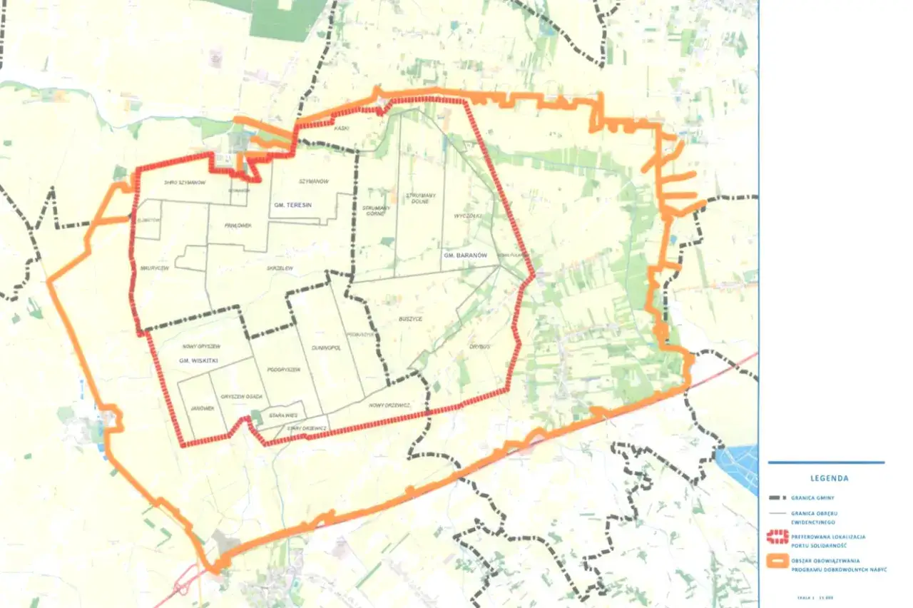 Mapa przedstawia obszar planowanej lokalizacji CPK, z zaznaczonymi granicami gmin i terenami objętymi programem dobrowolnych nabyć.