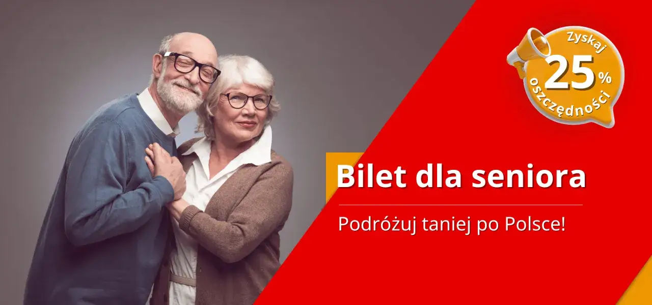 Uśmiechnięta para seniorów cieszy się zniżkami dla emerytów. Bilet dla seniora to 25% oszczędności na podróżach po Polsce!