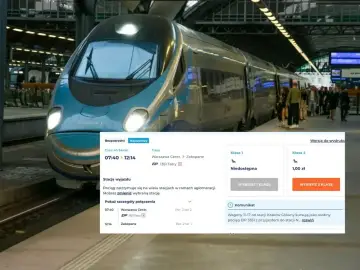 Nowoczesny pociąg EIP "Tatry" na dworcu, z widocznym interfejsem do zakupu biletów do Zakopanego.