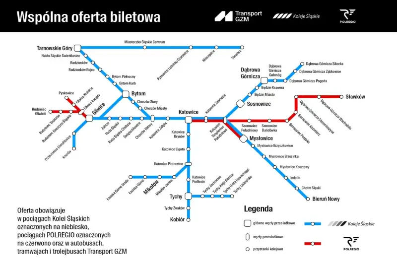 Mapa połączeń kolejowych i autobusowych w ramach wspólnej oferty biletowej. Zobacz, gdzie możesz dojechać swoim biletem miesięcznym!